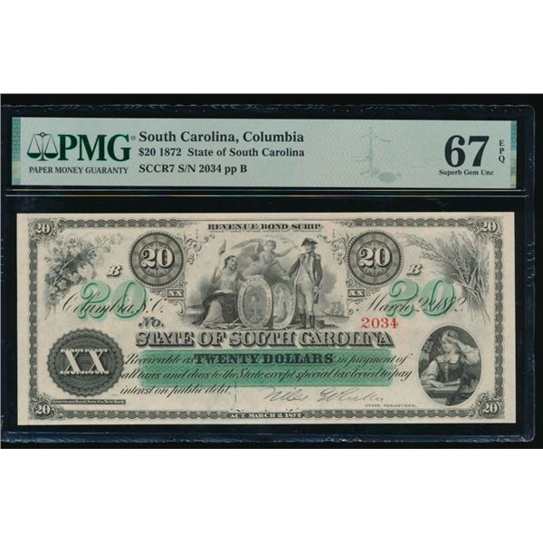 1872 $20 Columbia SC Obsolete PMG 67EPQ
