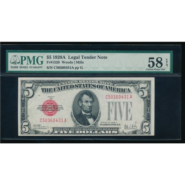 1928A $5 Legal Tender Note PMG 58EPQ
