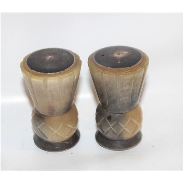 CARVED HORN SALT PEPPER SHAKERS ANTIQUE