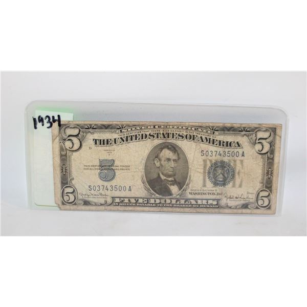 US 1934 $5 BLUE SEAL NOTE