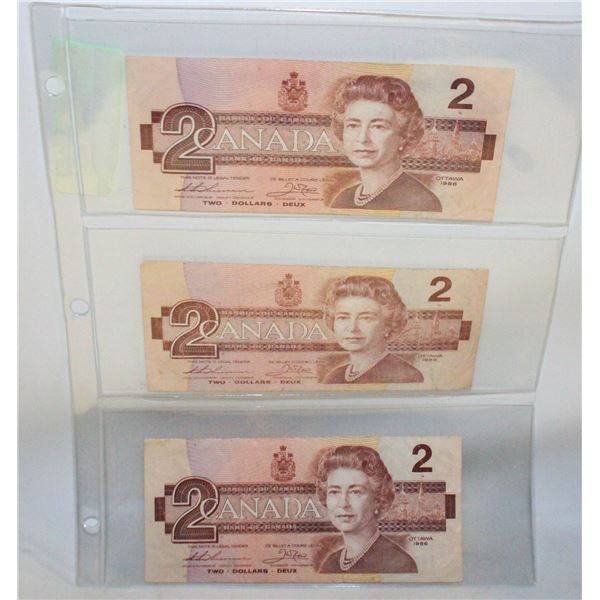 3X 1986 $2 NOTES