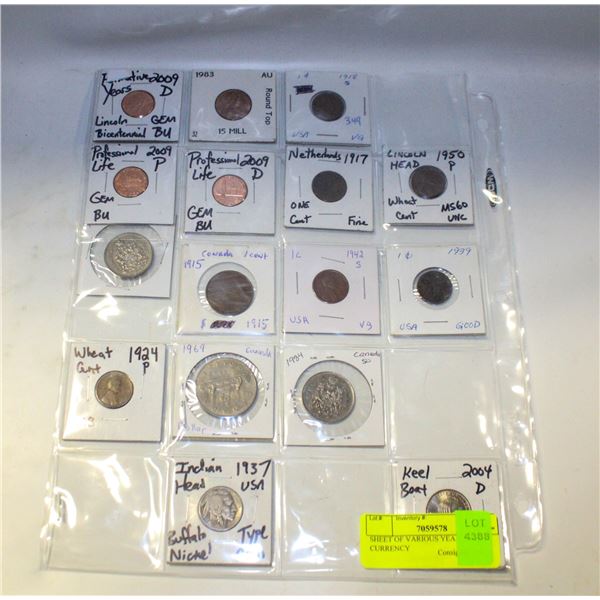 SHEET OF VARIOUS YEAR USA CURRENCY