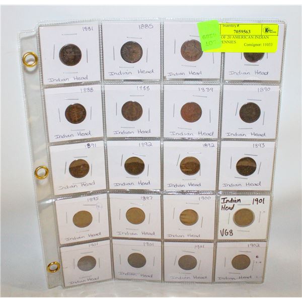 SHEET OF 20 AMERICAN INDIAN HEAD PENNIES
