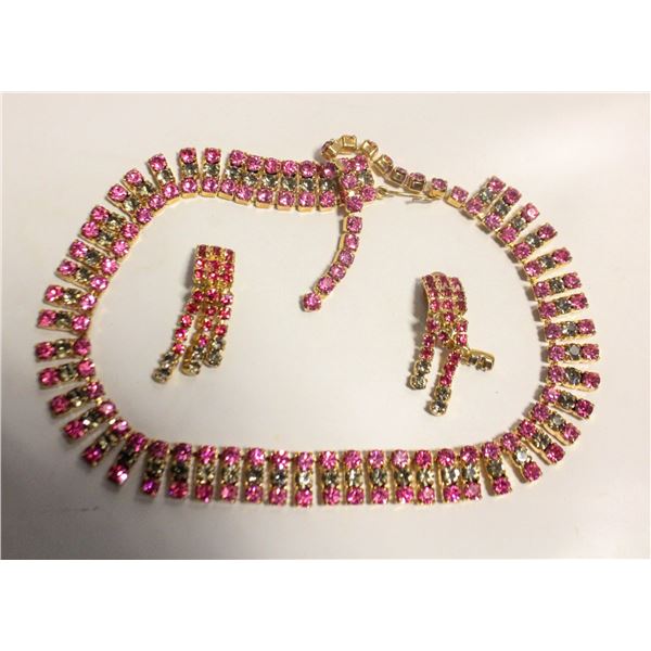 ART DECO NECKLACE & EAR RINGS FUSCHIA PINK