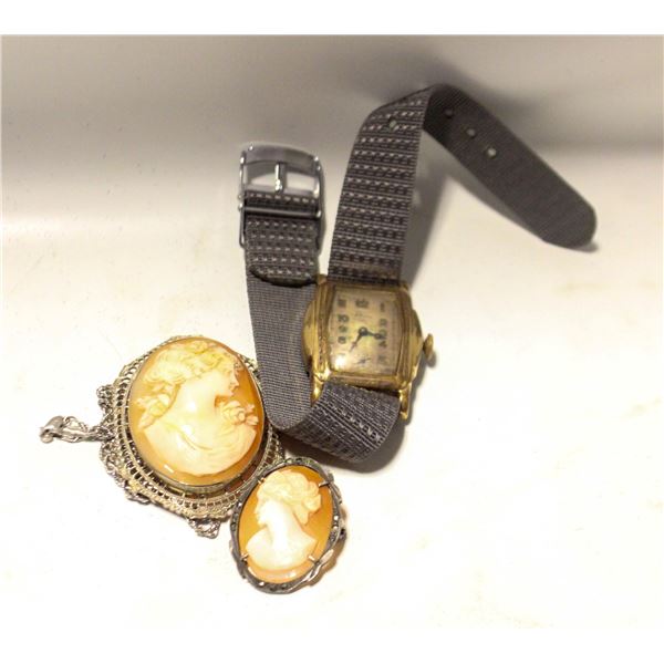 VERY OLD WRIST WATCH + 2 CAMEO BROOCHES