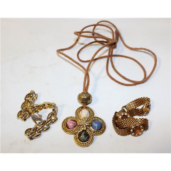 2 GOLD TONE BRACELETS W/4 STONE PENDANT NECKLACE