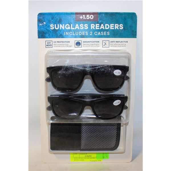 NEW SUNGLASS READERS 2 PK +1.50 WITH CASES