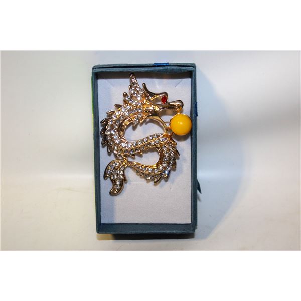NEW GOLDEN DRAGON BROOCH RHINESTONE