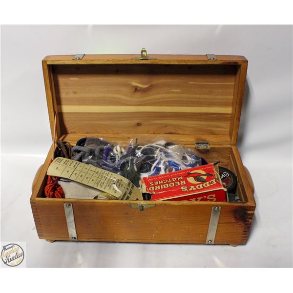 WOODEN BOX OF SEWING SUPPLIES
