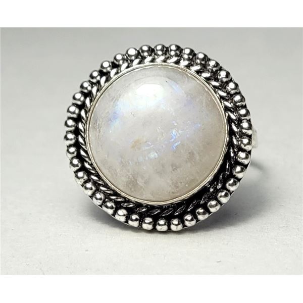 25)  NATURAL ROUND MOONSTONE SIZE 10 RING,