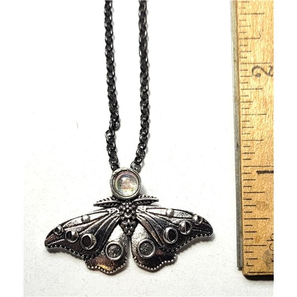 18)  SILVER TONE MOTH PENDANT WITH ROCK