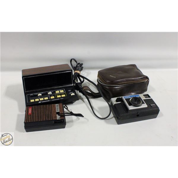 VINTAGE ALARM CLOCK, TRANSISTOR RADIO & KODAK