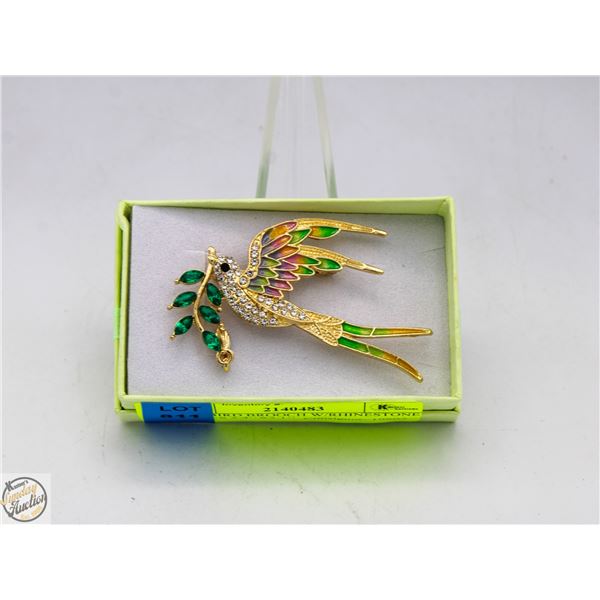 NEW BIRD BROOCH W/RHINESTONE LEAVES 2.4’’X2.1’’