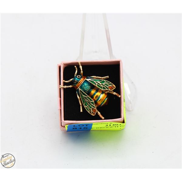 NEW BEE BROOCH GOLD AND TEAL ENAMEL