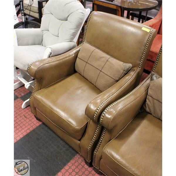 STUDDED BROWN LEATHERETTE HIGHBACK ARM CHAIR