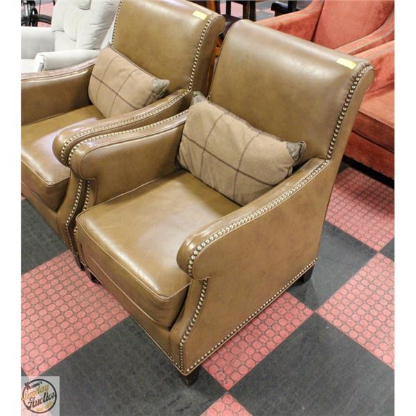 STUDDED BROWN LEATHERETTE HIGHBACK ARM CHAIR