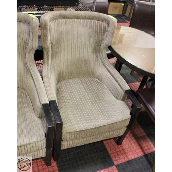 WOOD AND FABRIC HIGHBACK ARM CHAIR