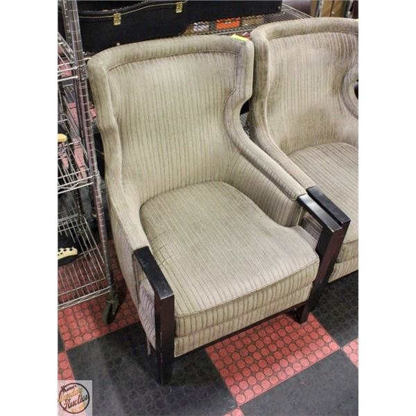 WOOD AND FABRIC HIGHBACK ARM CHAIR