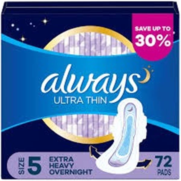 72CT ALWAYS MAXI OVERNIGHT FEMININE PADS SIZE 5