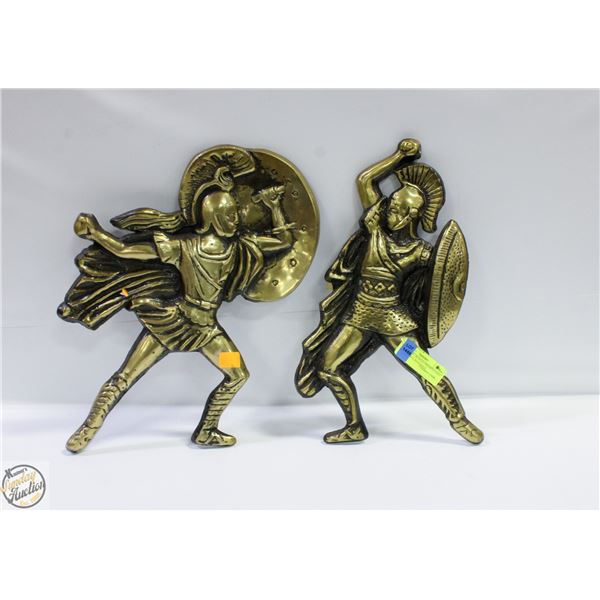 2 SPARTAN / ROMAN THEMED CAST BRASS WALL HANGINGS