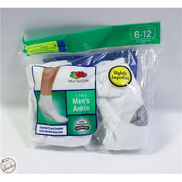 ANKLE SOCKS WHITE 6-12 SIZE 6-PACK FRUIT OF THE