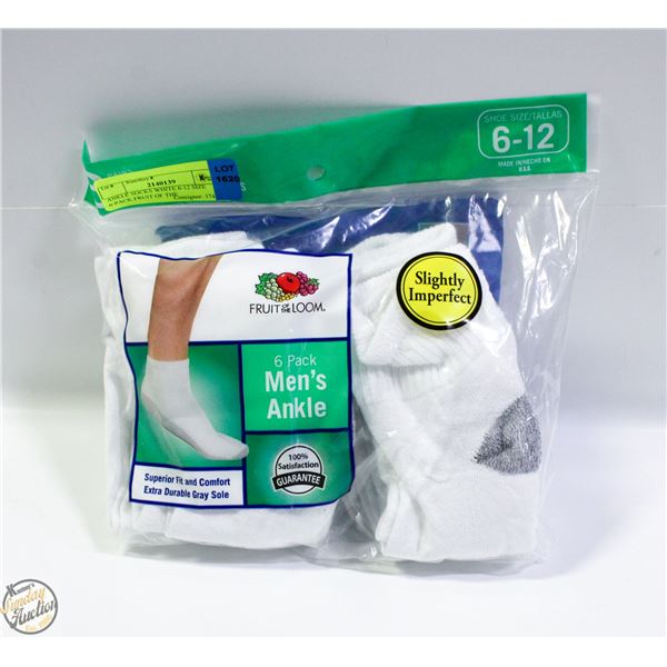 ANKLE SOCKS WHITE 6-12 SIZE 6-PACK FRUIT OF THE