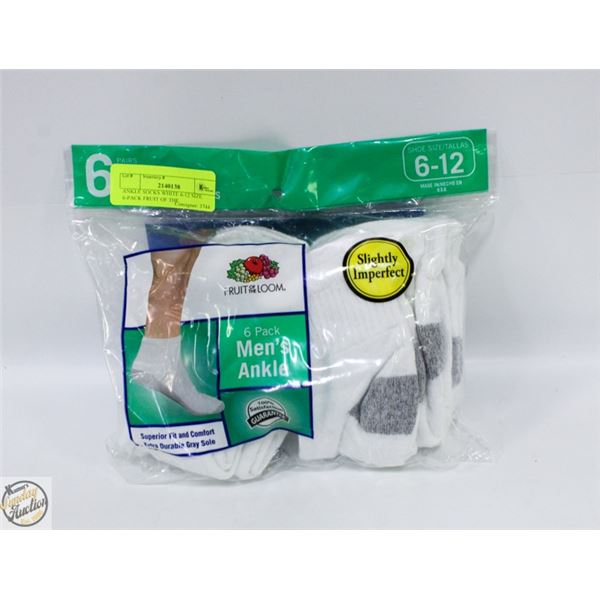 ANKLE SOCKS WHITE 6-12 SIZE 6-PACK FRUIT OF THE