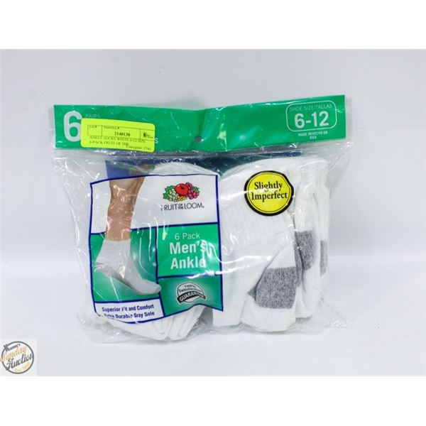 ANKLE SOCKS WHITE 6-12 SIZE 6-PACK FRUIT OF THE