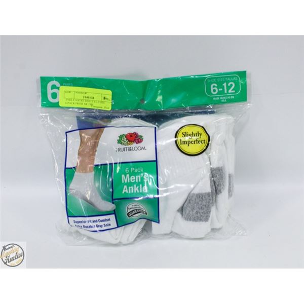 ANKLE SOCKS WHITE 6-12 SIZE 6-PACK FRUIT OF THE