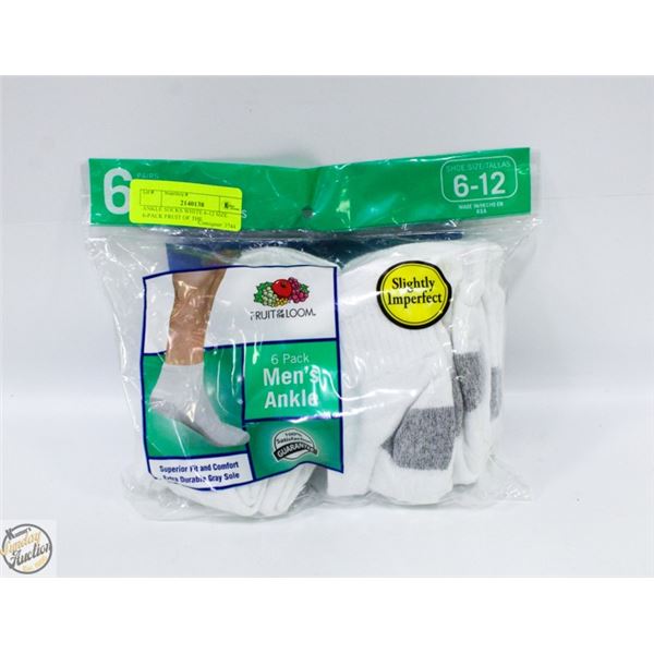 ANKLE SOCKS WHITE 6-12 SIZE 6-PACK FRUIT OF THE