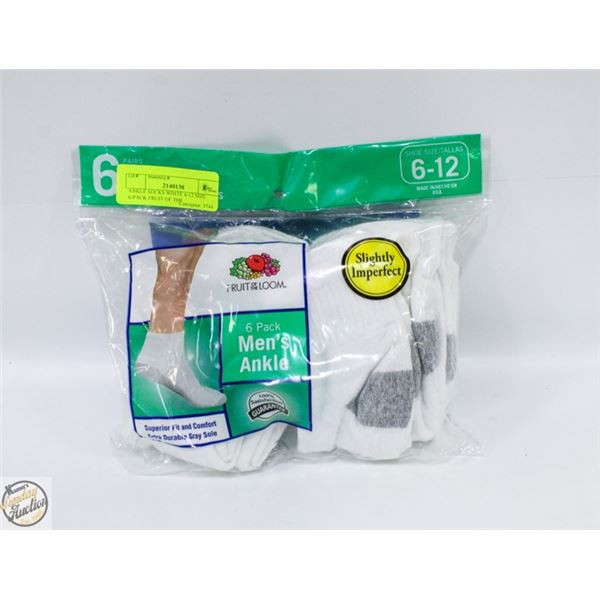 ANKLE SOCKS WHITE 6-12 SIZE 6-PACK FRUIT OF THE
