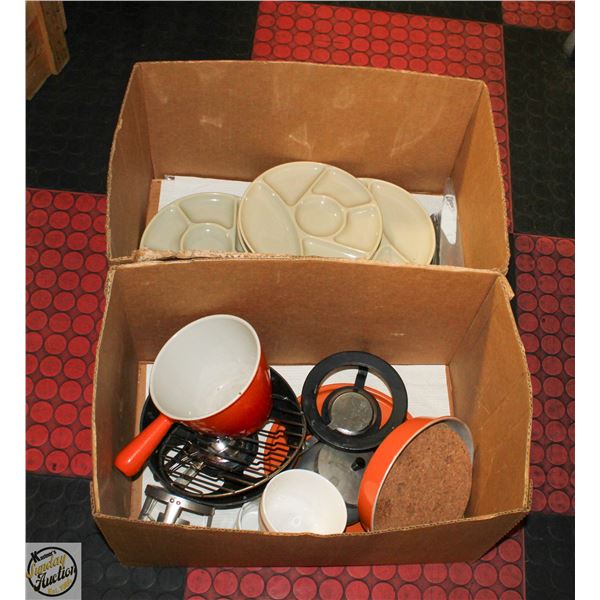 FONDUE PLATES AND FORKS + THREE FONDUE POTS