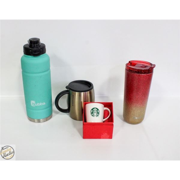 STARBUCKS/DAVIDS TEA/BUBBA MUGS AND TUMBLER