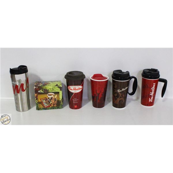 5 TIM HORTONS COFFEE MUGS WITH LIDS