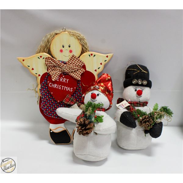 MR. & MRS. SNOWMAN AND WOODEN SNOW ANGEL