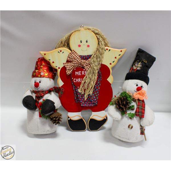 MR. & MRS. SNOWMAN AND WOODEN SNOW ANGEL