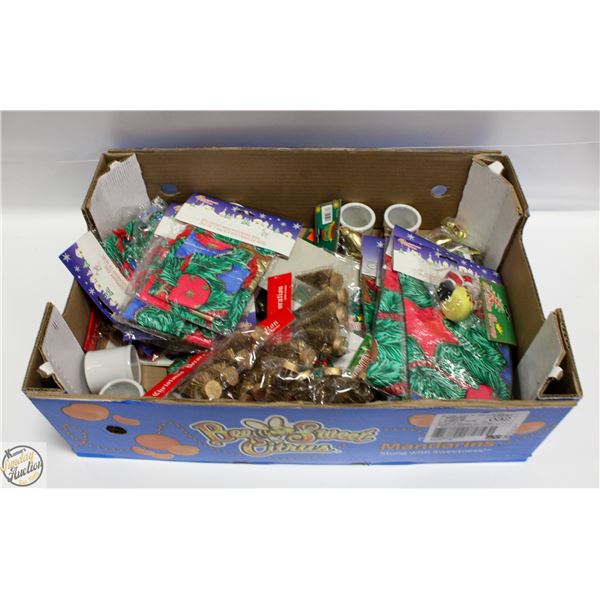 LARGE FLAT OF 50 NEW CHRISTMAS ITEMS. DECORATIONS,