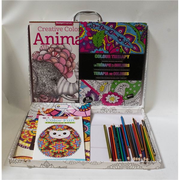 NEW 4 ADULT COLORING BOOKS+PENCIL CRAYONS