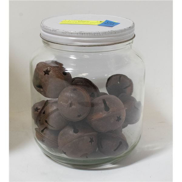 VINTAGE JAR WITH 20 VINTAGE CHRISTMAS BELLS