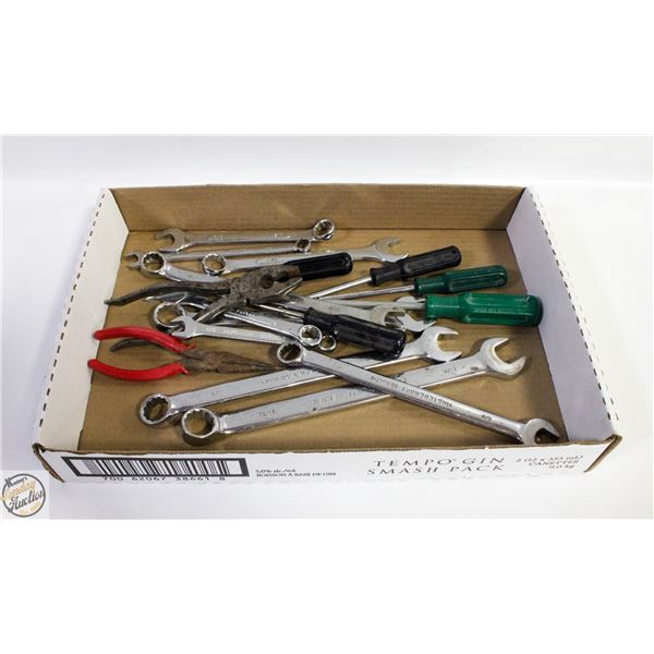 WRENCHES (10) ALL SIZES AND TYPES, SCREW DRIVERS