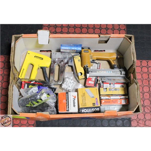 BOX OF STAPLE GUNS, STAPLES AND SAFETY GLASSES
