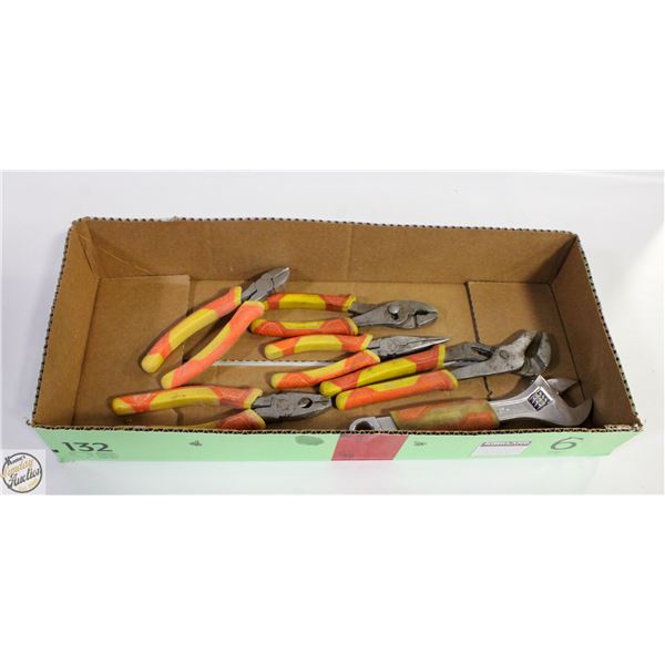 BOX OF VARIOUS PLIERS/WRENCHES