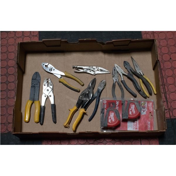 BOX OF SNIPS, PLIERS AND TAPE MEASURES