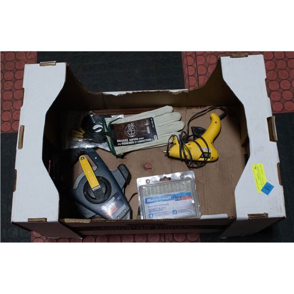 BOX W/GLUE GUN, GLUE STICKS, 100' TAPE & NEW