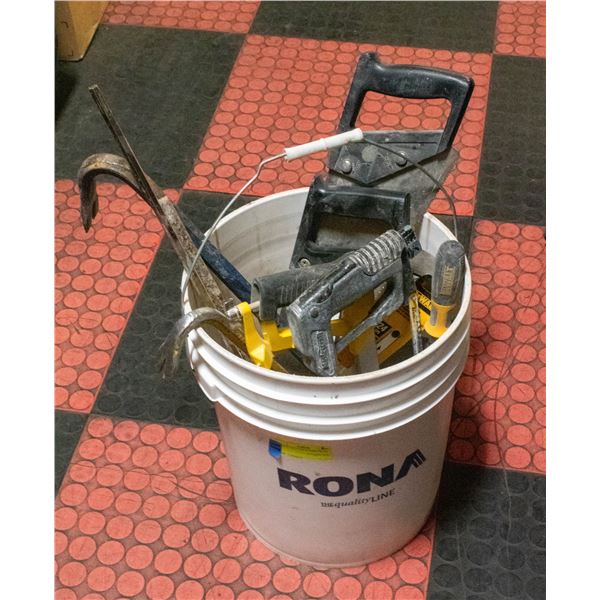 BUCKET OF SAWS AND PRY BARS