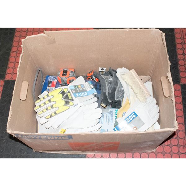BOX OF NEW GLOVES WITH KNEEPADS, DRILL BITS,