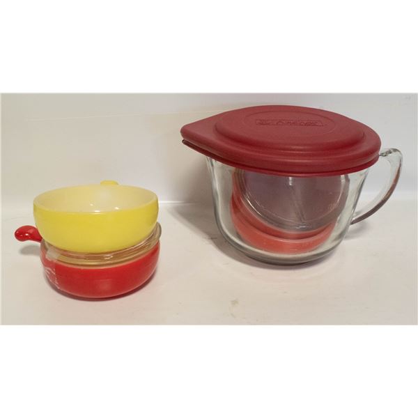 4 GLASS BAKE BOWLS + MIXING BOWL LIDDED