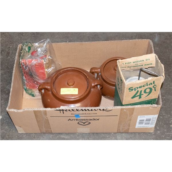 2 BROWN BEAN POTS; MAYONNAISE MAKER &
