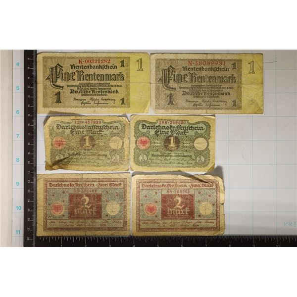 6 GERMAN MARK BILLS: 2-1920 ONE MARK, 2-1937 ONE