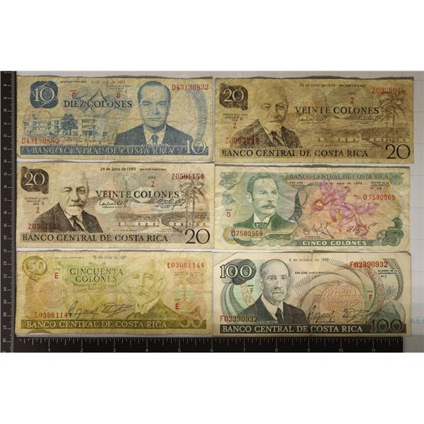 6 COSTA RICA BILLS: 1972 FIVE COLONES, 1989 TEN